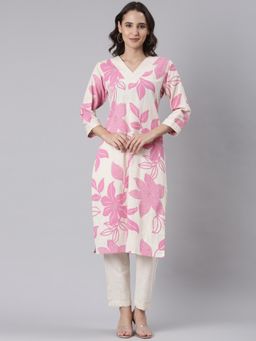 NEERU'S - Women Pink V-Neck Floral Kurta with Pant