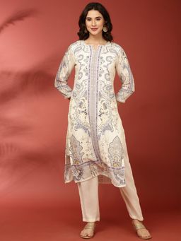 NEERU'S - Women White Round Floral Printed Kurta with Pant