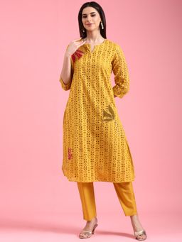 NEERU'S - Women Mustard Casual Floral Kurta with Pant