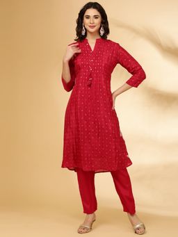 NEERU'S - Women Red Mandarin Collar Printed Kurta with Pant