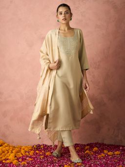 HRITIKA - Cotton Blend Beige Kurta with Pant and Dupatta