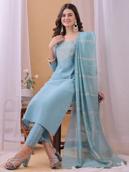 HRITIKA - Cotton Blend Aqua Kurta with Pant and Dupatta