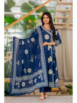 PISTAA - Women Navy Blue Floral Print Angarkha Kurta with Pant and Dupatta
