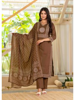 PISTAA - Women Brown Bandhani Print Kurta with Pant and Dupatta