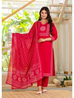 PISTAA - Women Pink Bandhani Print Kurta with Pant and Dupatta
