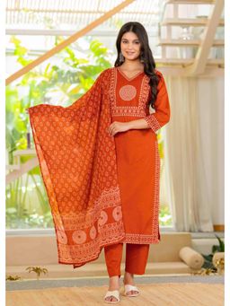 PISTAA - Women Rust Bandhani Print Kurta with Pant and Dupatta