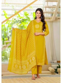 PISTAA - Women Yellow Bandhani Print Kurta with Pant and Dupatta