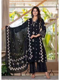 PISTAA - Women Black Printed Flair Kurta with Palazzo and Dupatta