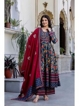 PISTAA - Women Blue Floral Printed Anarkali Kurta with Palazzo and Dupatta
