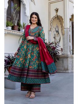 PISTAA - Women Green Floral Printed Anarkali Kurta with Palazzo and Dupatta