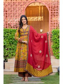PISTAA - Women Mustard Floral Printed Anarkali Kurta with Palazzo and Dupatta