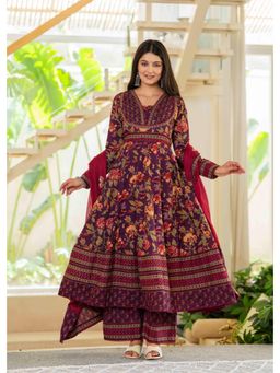 PISTAA - Women Burgundy Floral Printed Anarkali Kurta with Palazzo and Dupatta