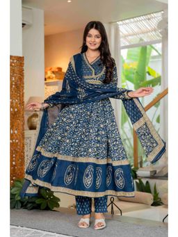 PISTAA - Women Blue Floral Printed Anarkali Kurta with Pant and Dupatta