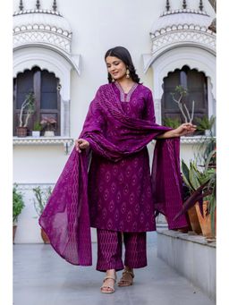 PISTAA - Women Burgundy Printed Kurta with Palazzo and Dupatta