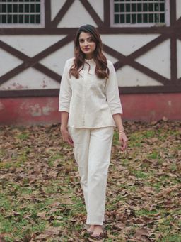 KAFTANIZE - White Cotton Blend Embroidered Co-ord Set