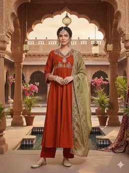 MOKOSH - Velvet Embroidered Orange Anarkali Kurta with Pant and Dupatta