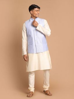 Vastramay - Mens Blue and Cream Viscose Jacket - Kurta and Pyjama (Set of 3)