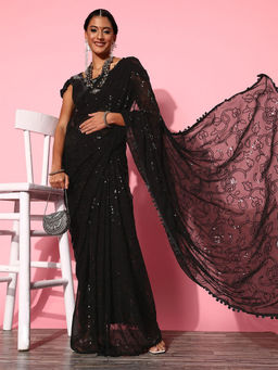 Odette - Black Sequence Embroidered Georgette Saree with Unstitched Blouse