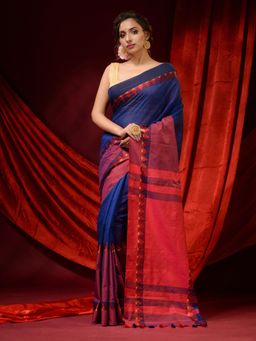 CHARUKRITI - Royal Blue and Purple Pure Cotton Handwoven Temple Borders Saree with Unstitched Blouse