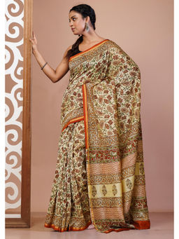 Unnati Silks - Cream Pure Bagru Kalamkari Printed Chanderi Sico Saree with Unstitched Blouse