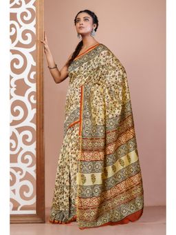 Unnati Silks - Cream Pure Bagru Kalamkari Printed Chanderi Sico Saree with Unstitched Blouse