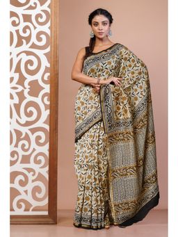Unnati Silks - Cream Pure Bagru Kalamkari Printed Chanderi Sico Saree with Unstitched Blouse