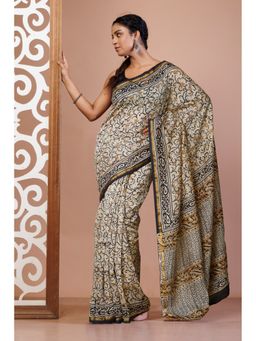 Unnati Silks - Cream Pure Bagru Kalamkari Printed Chanderi Sico Saree with Unstitched Blouse