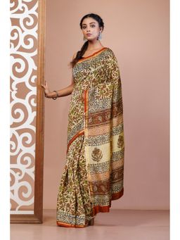 Unnati Silks - Cream Pure Bagru Kalamkari Printed Chanderi Sico Saree with Unstitched Blouse