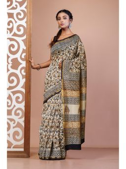 Unnati Silks - Cream Pure Bagru Kalamkari Printed Chanderi Sico Saree with Unstitched Blouse