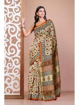 Unnati Silks - Cream Pure Bagru Kalamkari Printed Chanderi Sico Saree with Unstitched Blouse