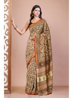 Unnati Silks - Cream Pure Bagru Kalamkari Printed Chanderi Sico Saree with Unstitched Blouse