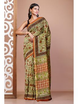 Unnati Silks - Cream Pure Bagru Kalamkari Printed Chanderi Sico Saree with Unstitched Blouse