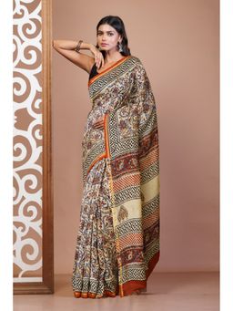 Unnati Silks - Cream Pure Bagru Kalamkari Printed Chanderi Sico Saree with Unstitched Blouse