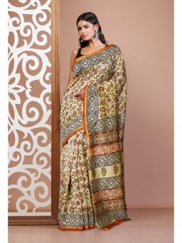 Unnati Silks - Cream Pure Bagru Kalamkari Printed Chanderi Sico Saree with Unstitched Blouse