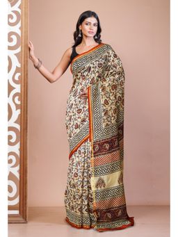 Unnati Silks - Cream Pure Bagru Kalamkari Printed Chanderi Sico Saree with Unstitched Blouse