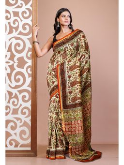Unnati Silks - Cream Pure Bagru Kalamkari Printed Chanderi Sico Saree with Unstitched Blouse
