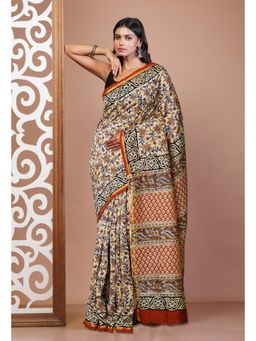Unnati Silks - Cream Pure Bagru Kalamkari Printed Chanderi Sico Saree with Unstitched Blouse