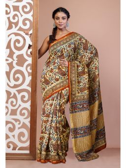 Unnati Silks - Cream Pure Bagru Kalamkari Printed Chanderi Sico Saree with Unstitched Blouse