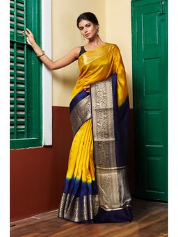 Unnati Silks - Yellow Navy Blue Pure Dyed Banarasi Organza Saree with Unstitched Blouse