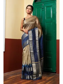 Unnati Silks - Dark Beige Blue Pure Dyed Banarasi Organza Saree with Unstitched Blouse