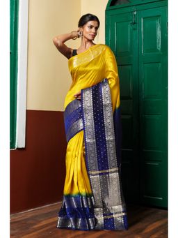 Unnati Silks - Yellow Navy Blue Pure Dyed Banarasi Organza Saree with Unstitched Blouse