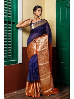 Unnati Silks - Navy Blue Red Pure Dyed Banarasi Organza Saree with Unstitched Blouse
