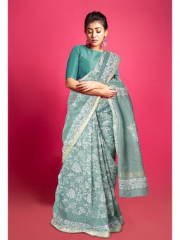 Unnati Silks - Pale Green Pure Batik Block Printed Kota Saree with Unstitched Blouse