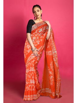 Unnati Silks - Orange Pure Batik Block Printed Kota Saree with Unstitched Blouse