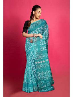 Unnati Silks - Turquoise Blue Pure Batik Block Printed Kota Saree with Unstitched Blouse