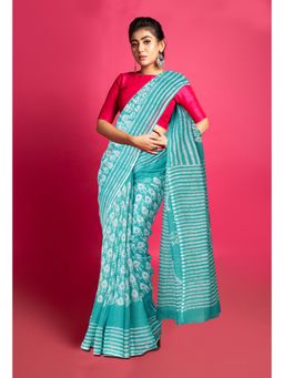 Unnati Silks - Turquoise Blue Pure Batik Block Printed Kota Saree with Unstitched Blouse