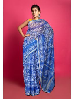 Unnati Silks - Blue Pure Batik Block Printed Kota Saree with Unstitched Blouse