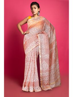 Unnati Silks - Brown Pure Batik Block Printed Kota Saree with Unstitched Blouse