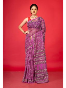 Unnati Silks - Purple Pure Hand Block Printed Kota Saree with Unstitched Blouse