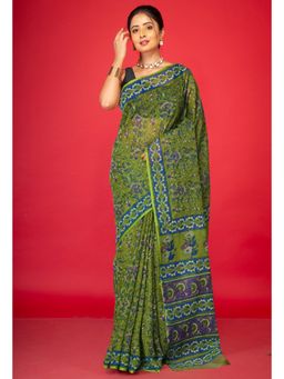 Unnati Silks - Green Pure Hand Block Printed Kota Saree with Unstitched Blouse
